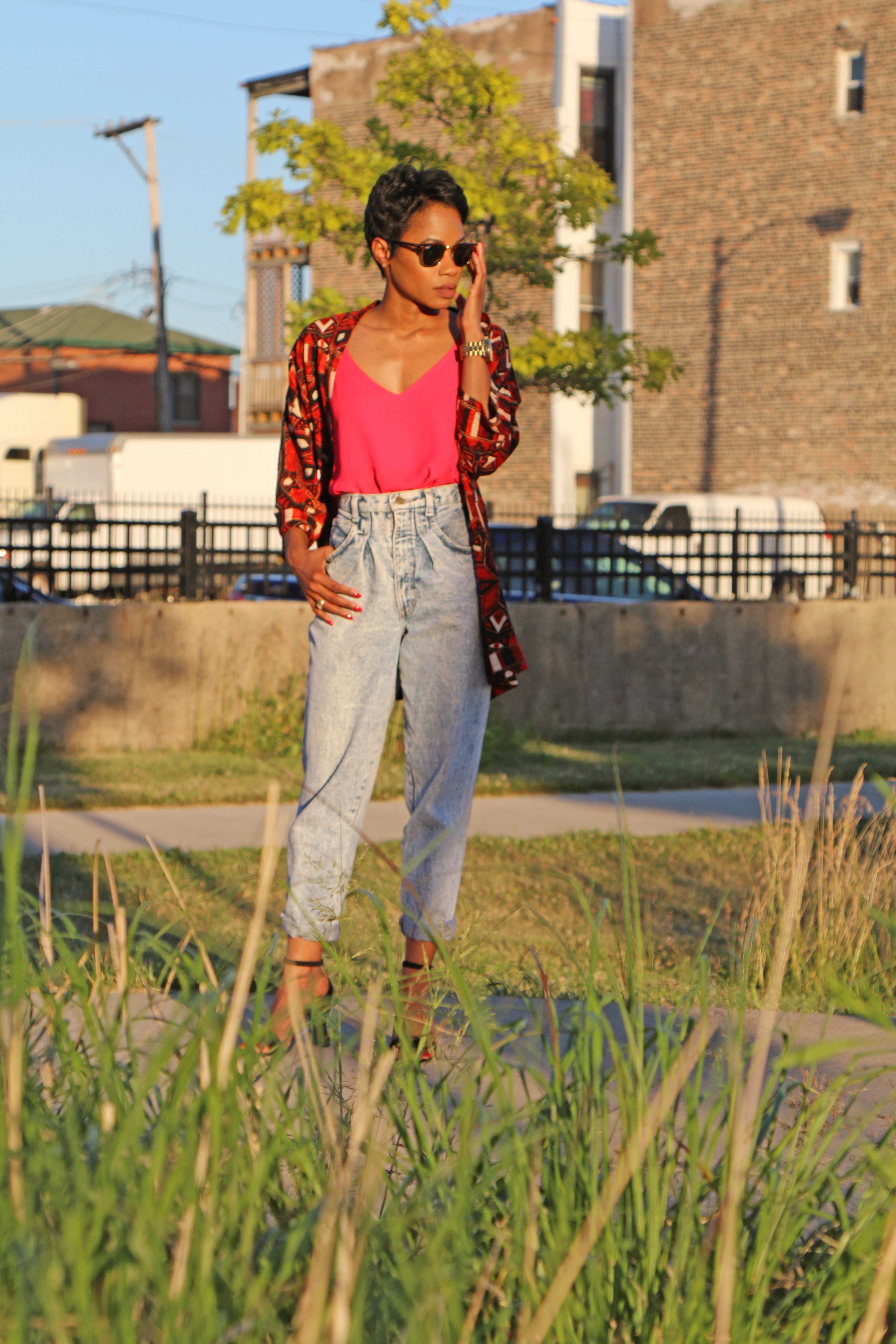 Pink Tank and Acid Washed Denim