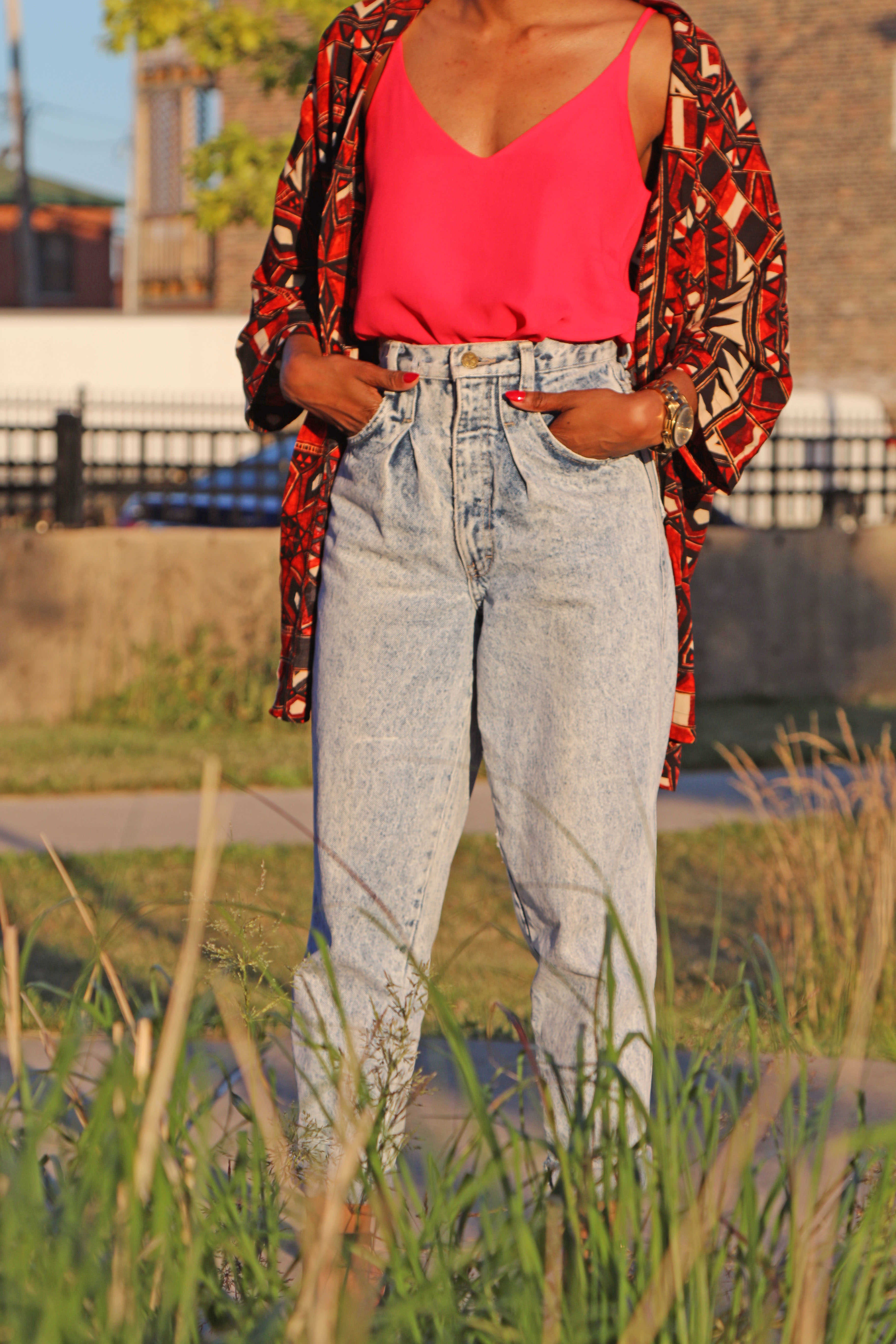 Pink Tank and Acid Washed Denim