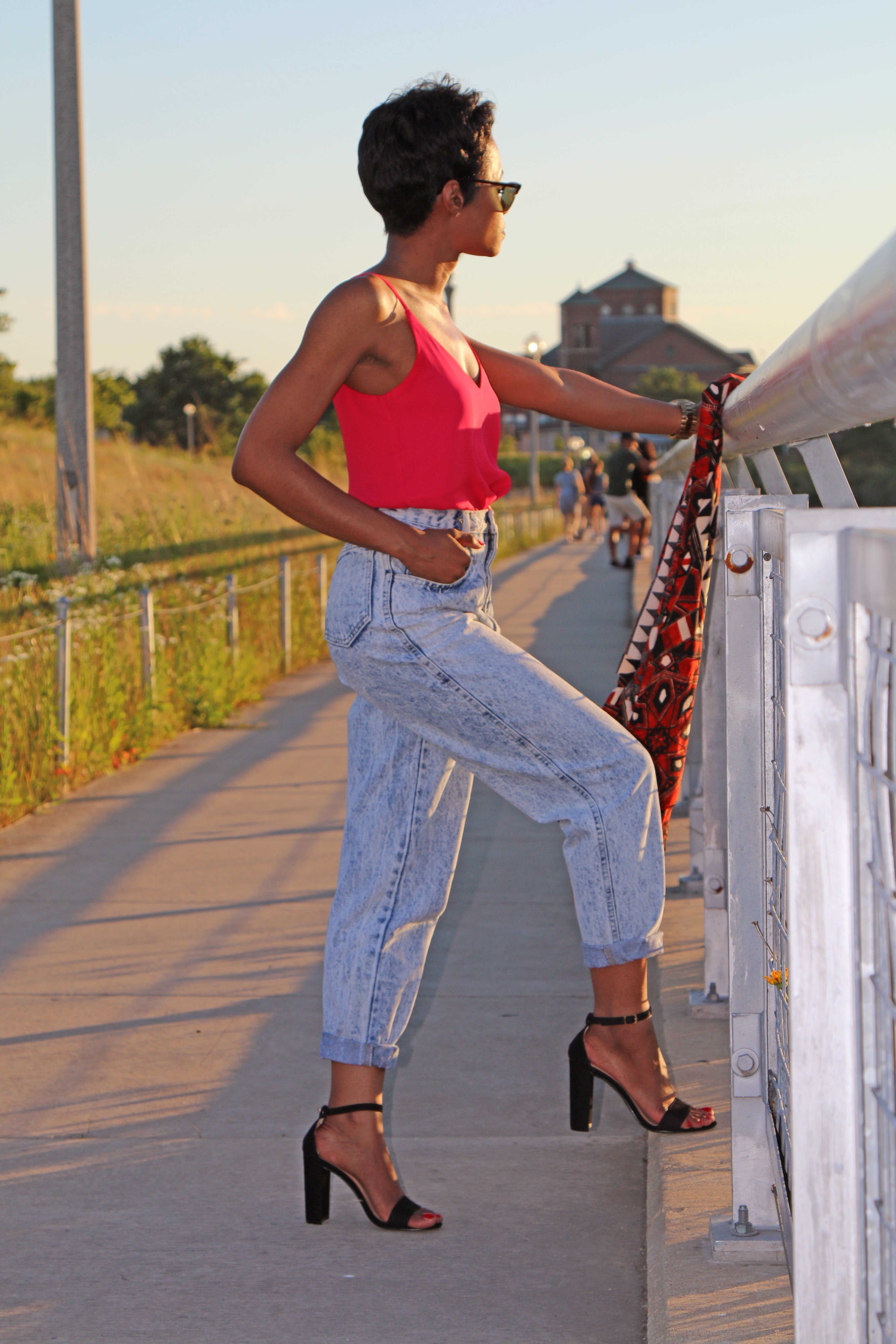 Pink Tank and Acid Washed Denim