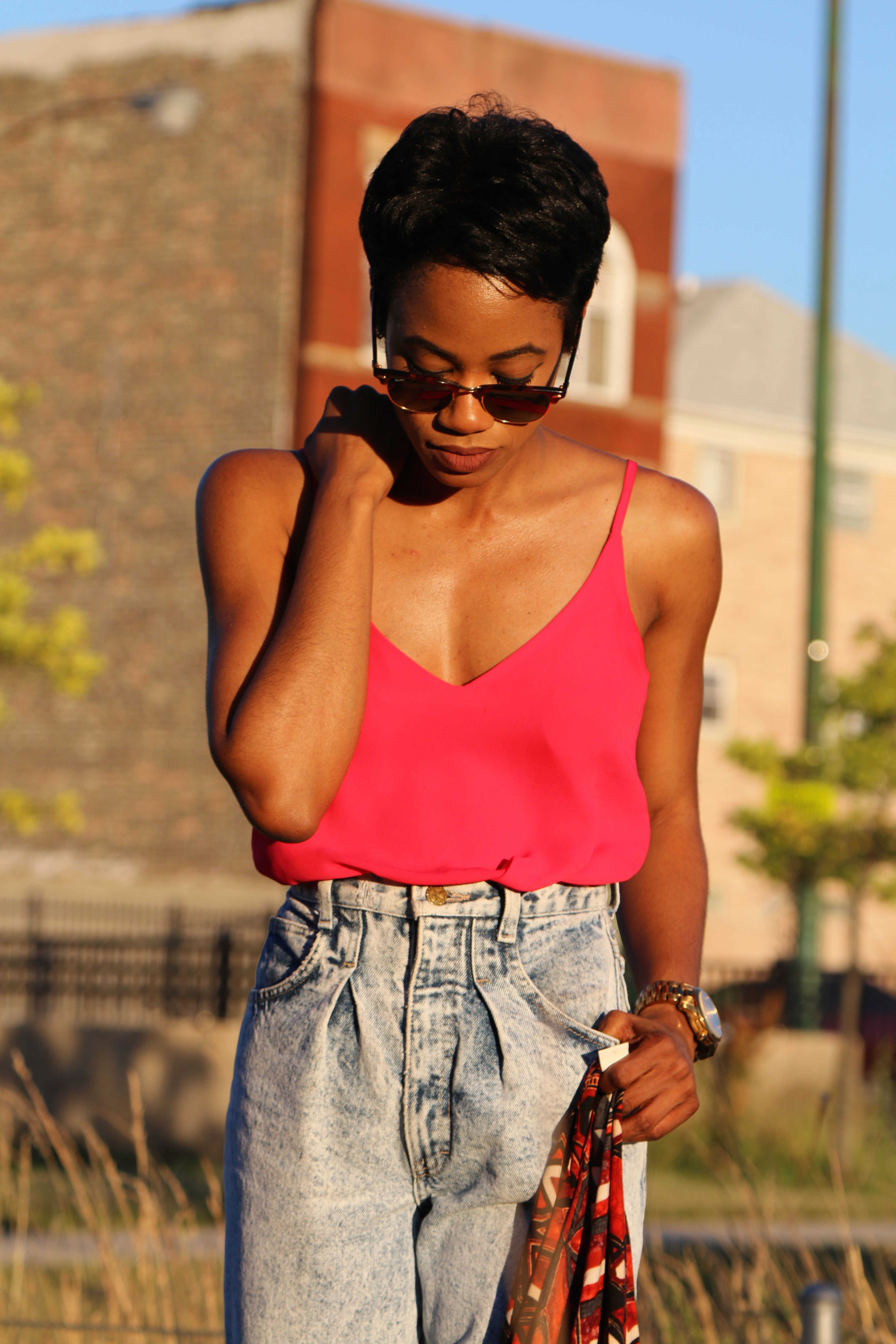 Pink Tank and Acid Washed Denim