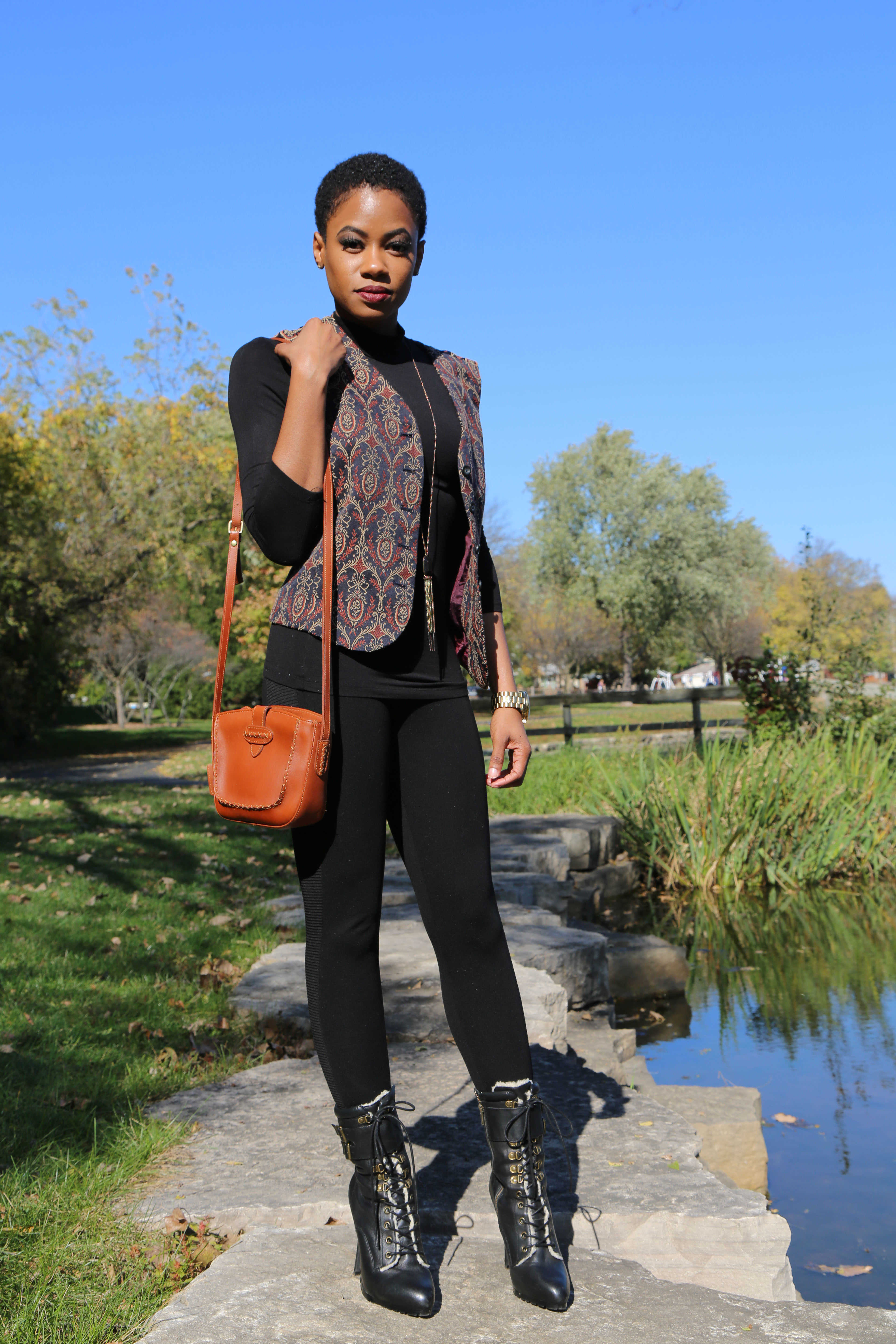 Pattern Vest and Black Leggings