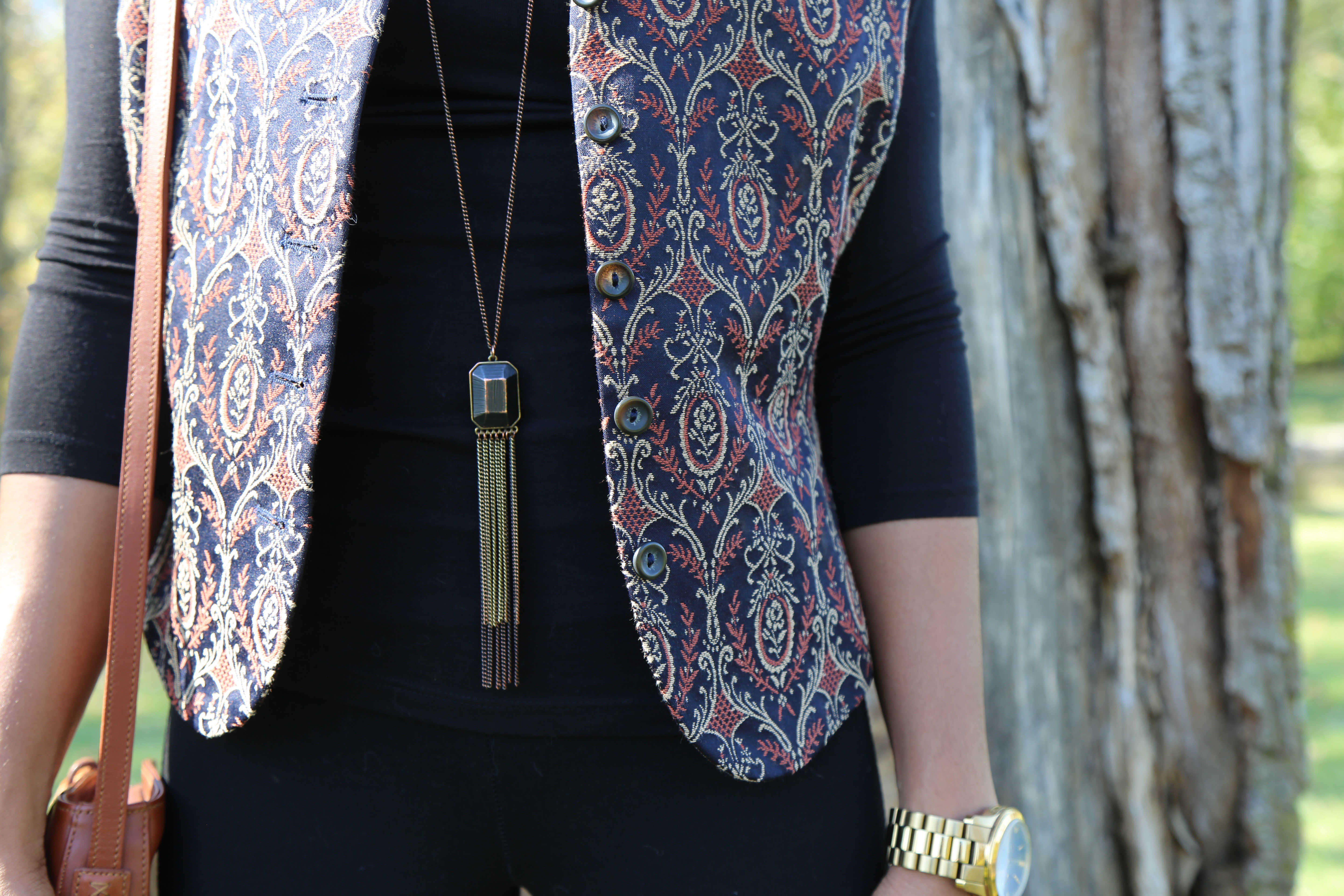 Pattern Vest and Black Leggings