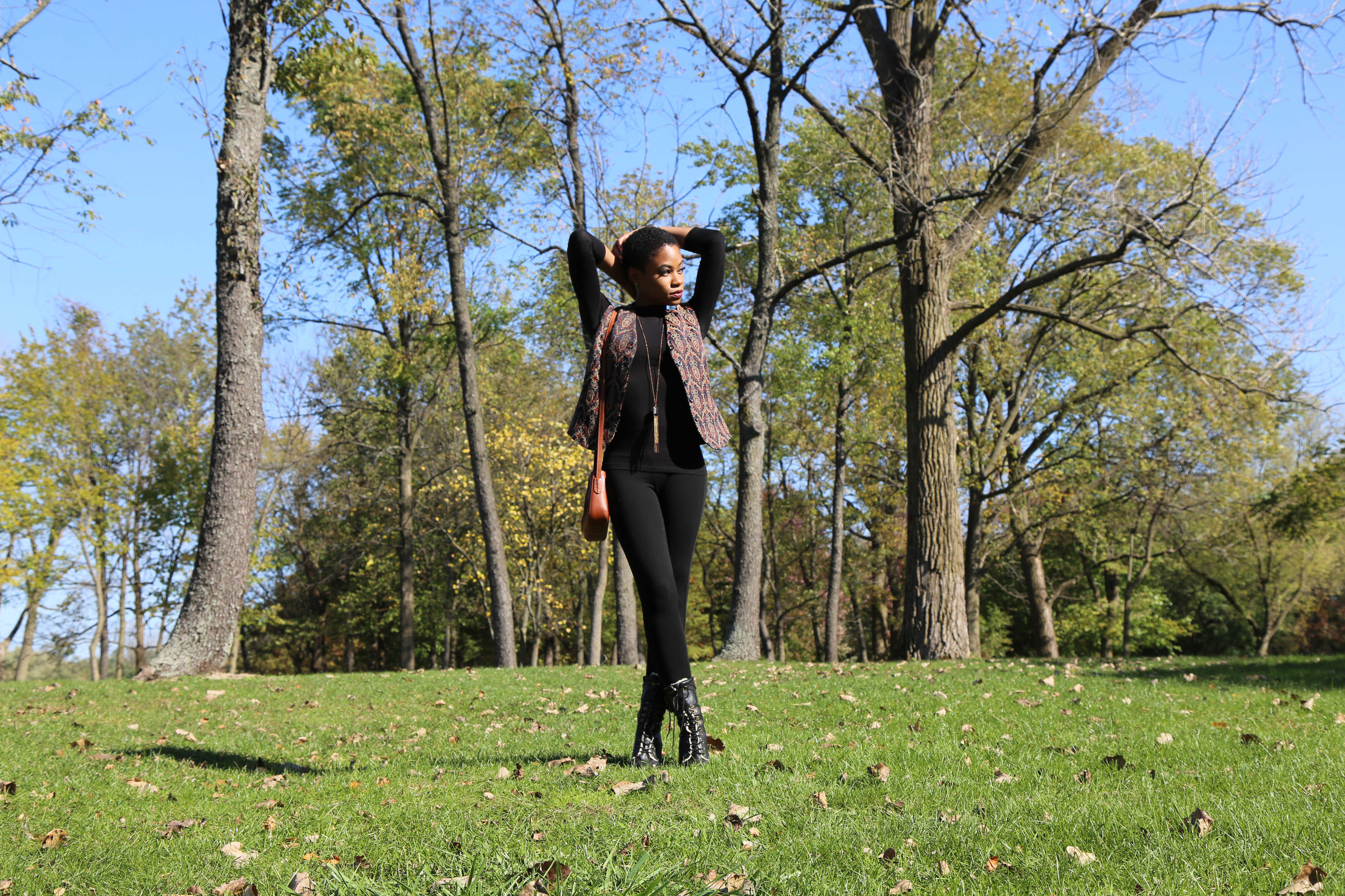 Pattern Vest and Black Leggings