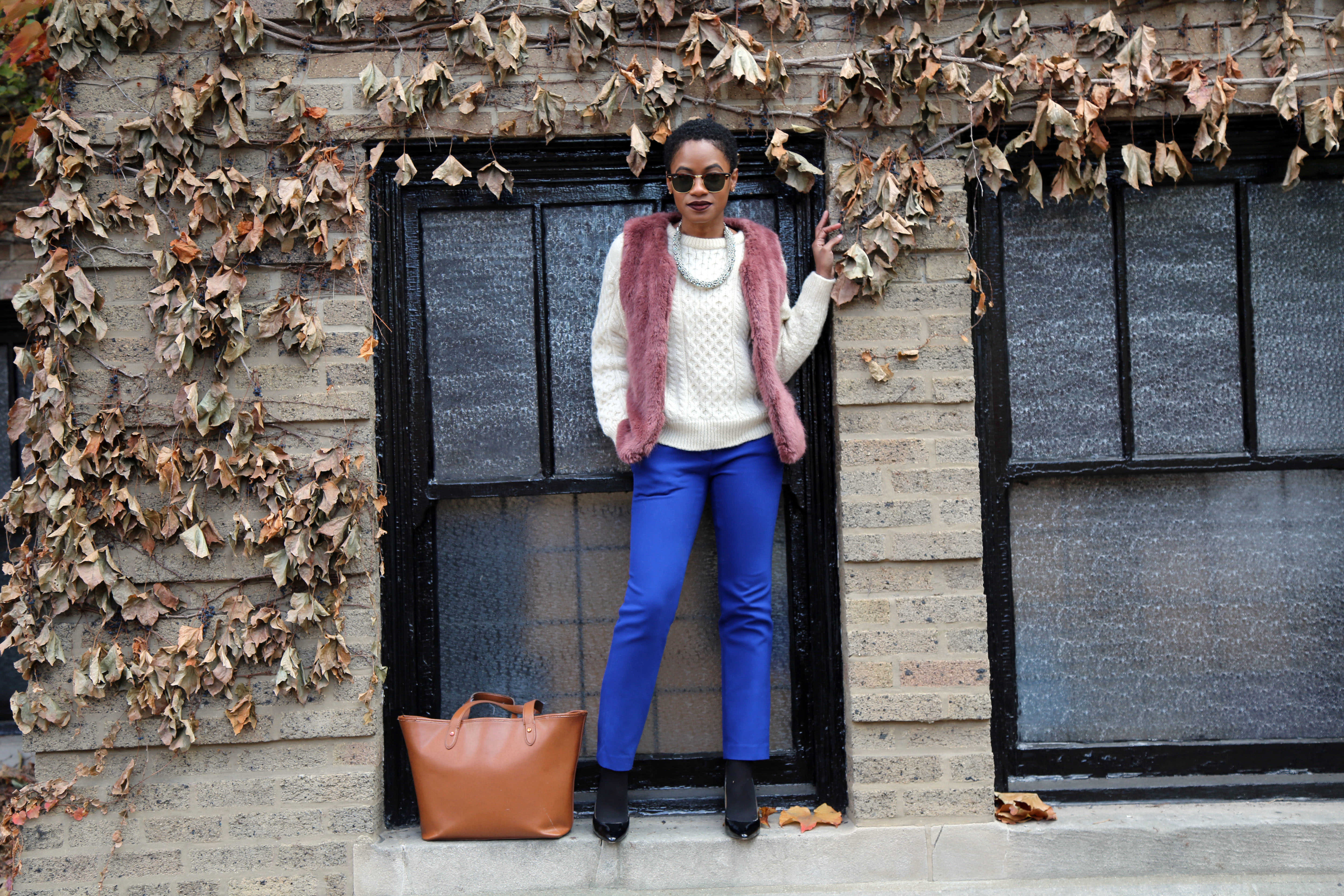 Purple Fur Vest and Loft Pants with Ralph Lauren Purse