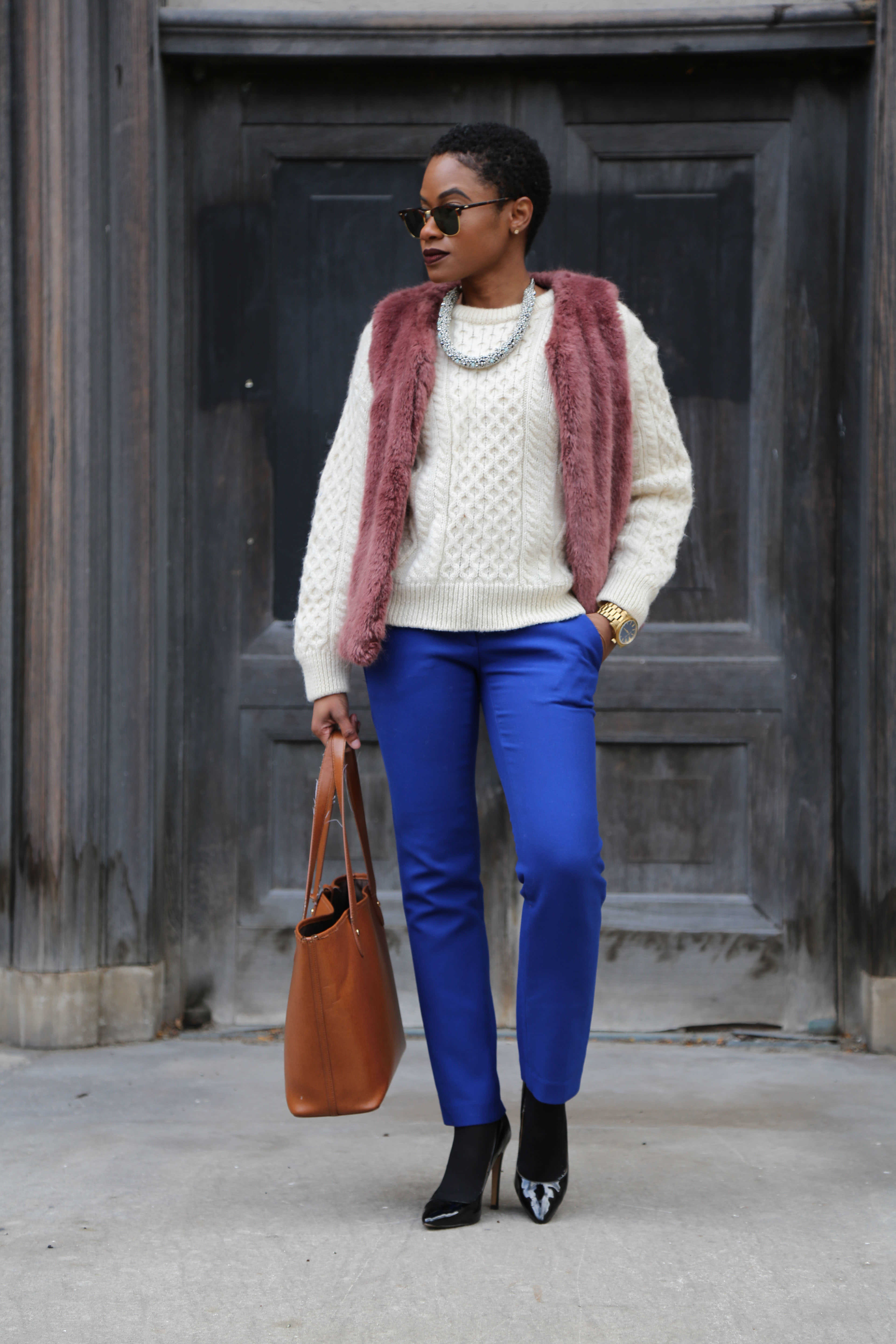 Purple Fur Vest and Loft Pants with Ralph Lauren Purse