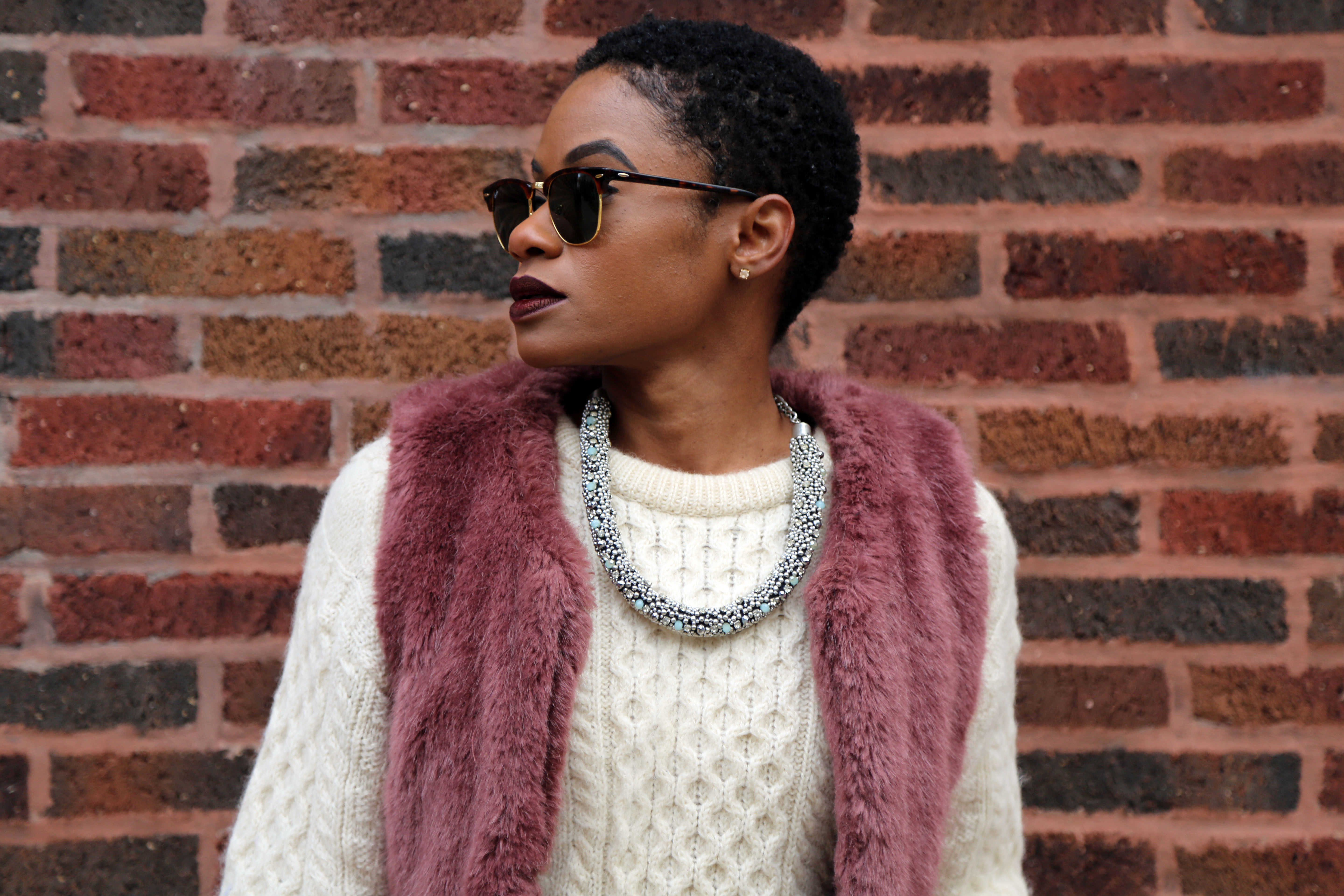 Purple Fur Vest and Loft Pants with Ralph Lauren Purse