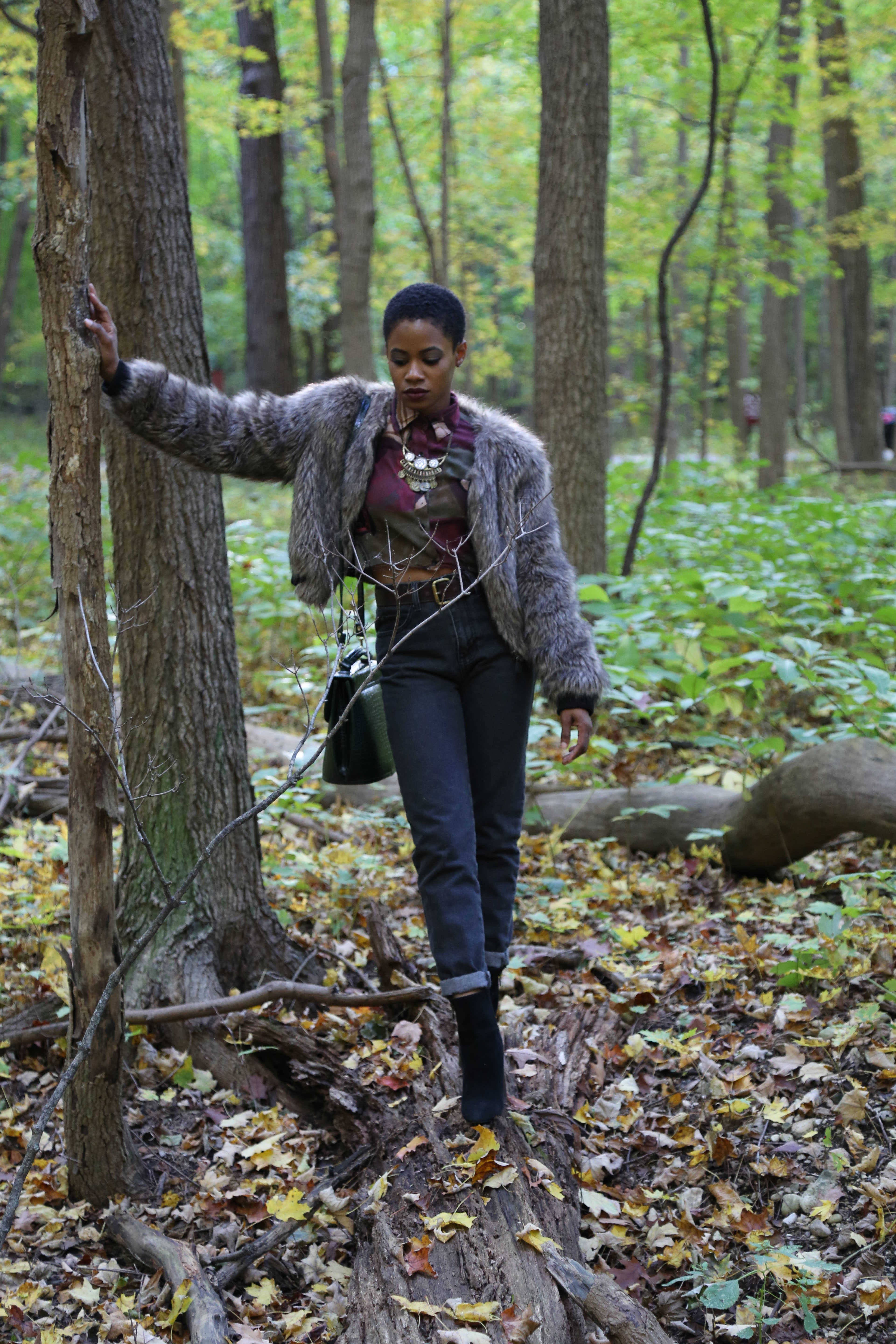 High-waist Denim Jeans and Pattern Blouse with Fur Coat