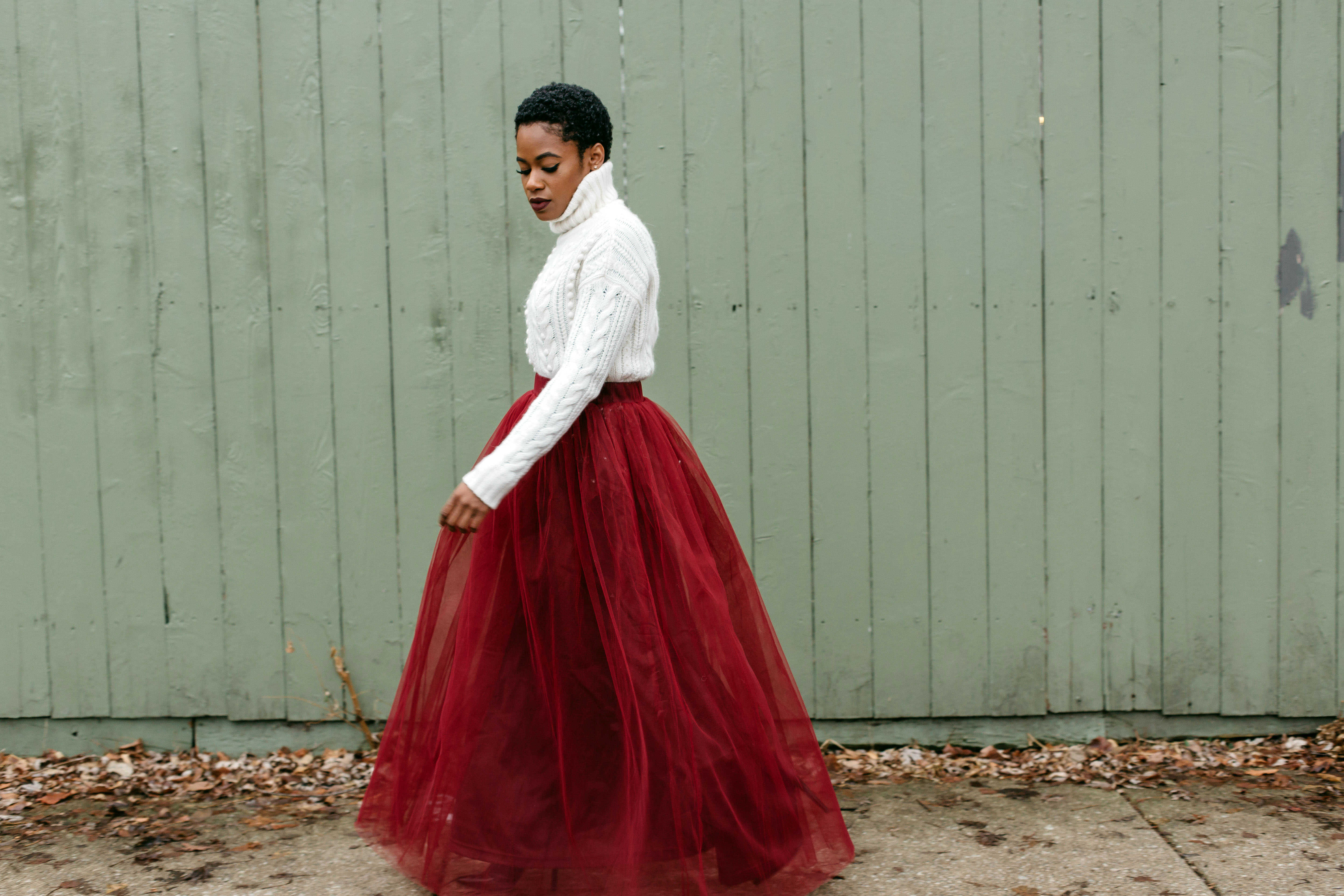 White Turtleneck and Red Tulle Skirt 3