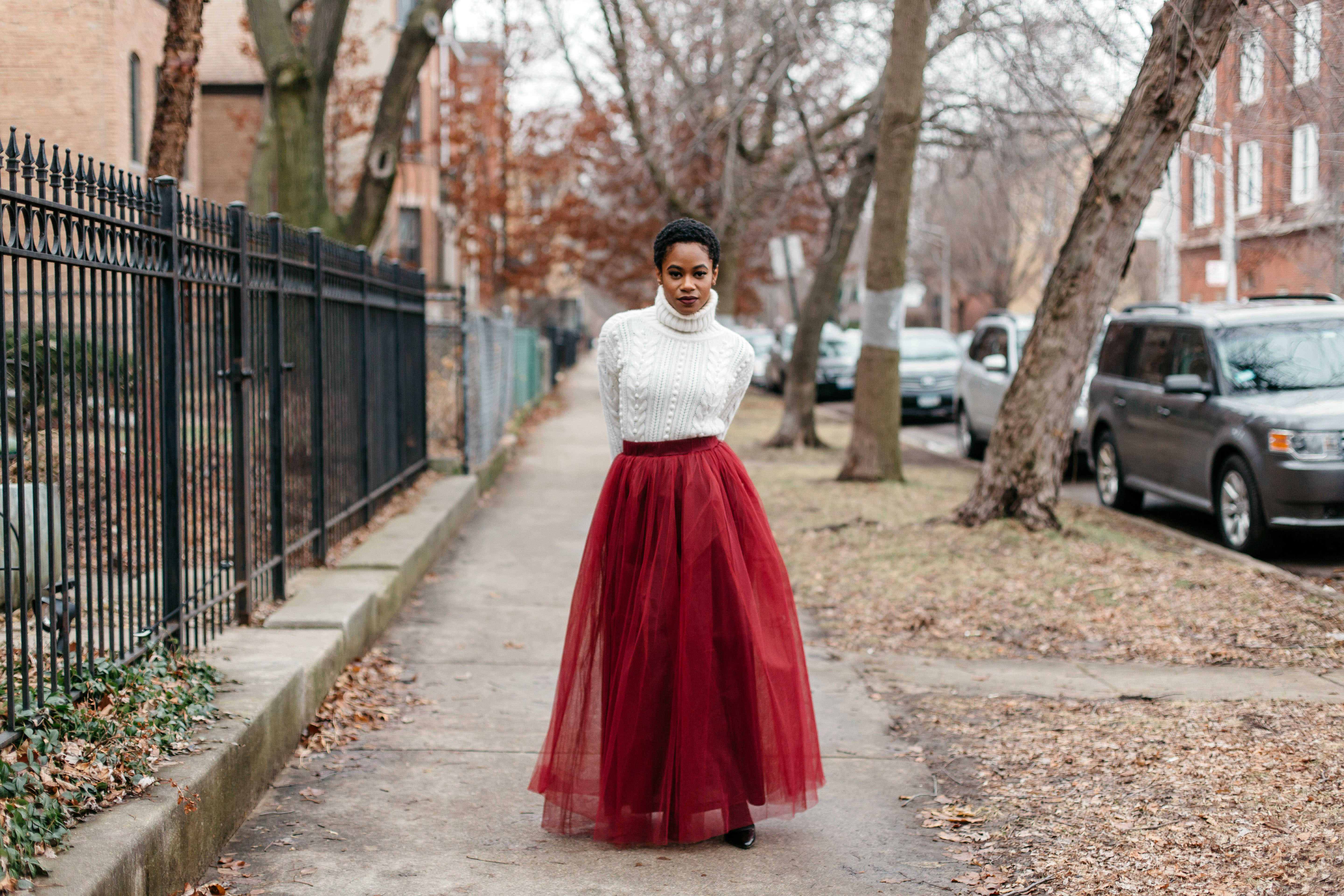 White Turtleneck and Red Tulle Skirt 5