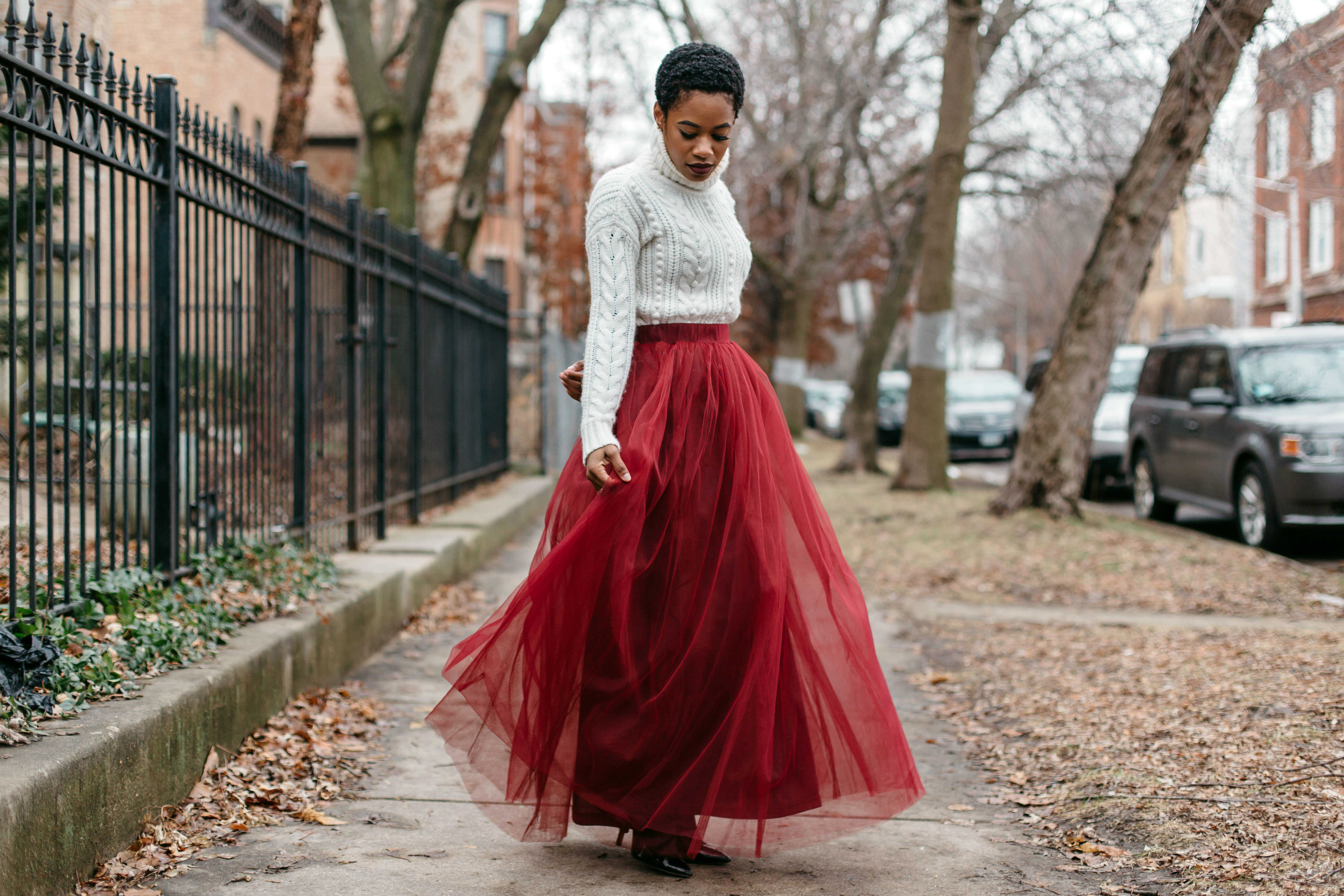 White Turtleneck and Red Tulle Skirt 6