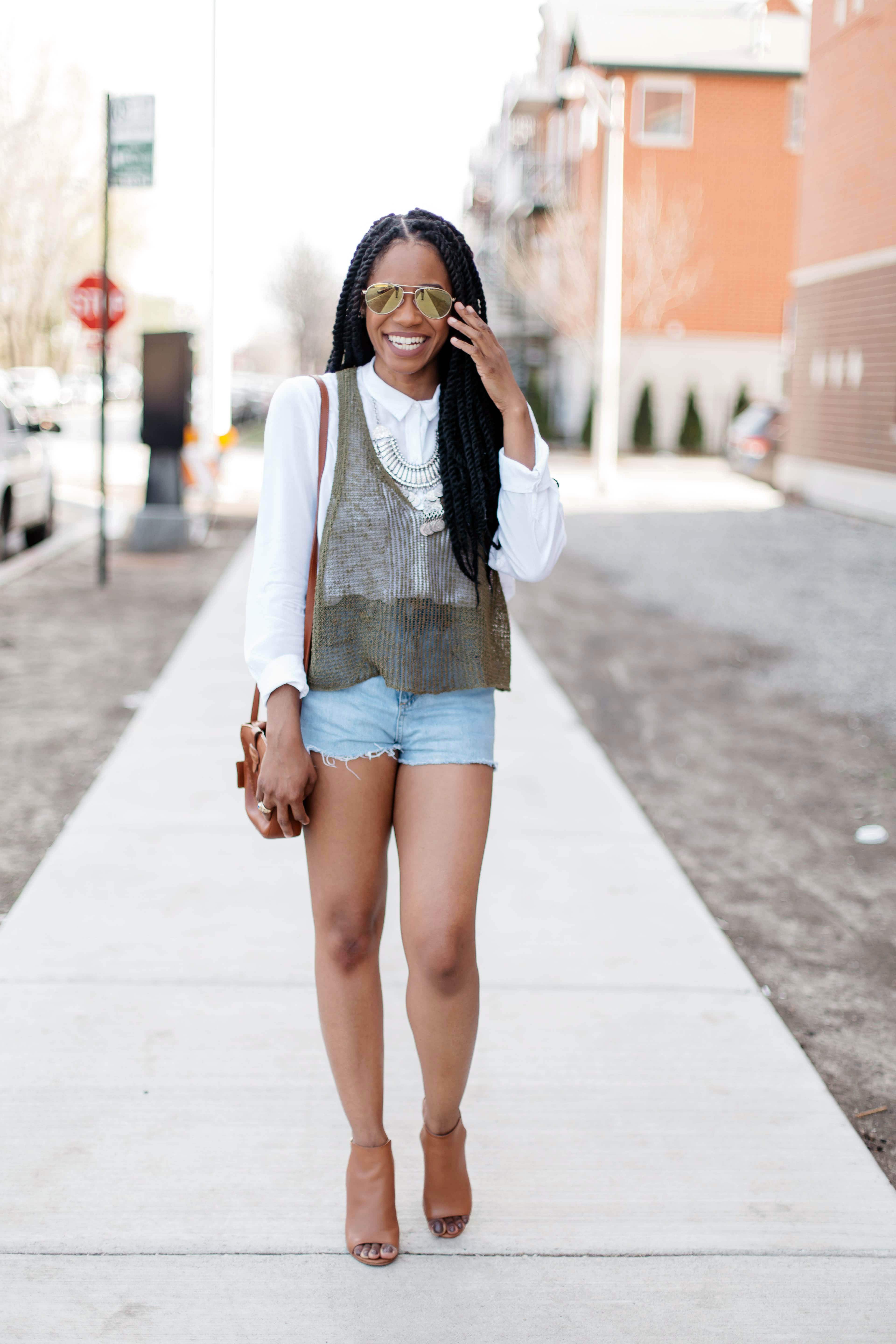 Green Top and Denim Shorts