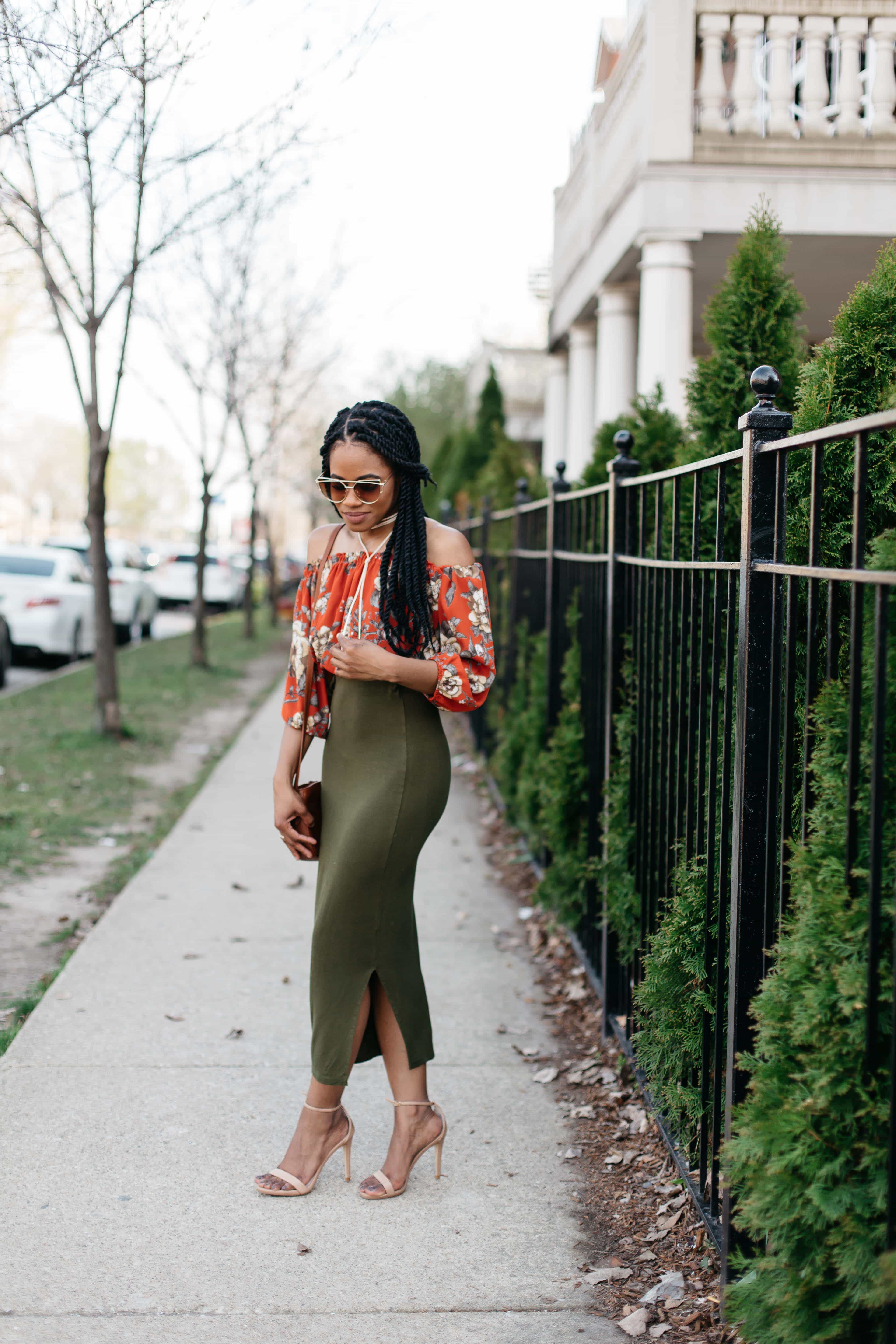 Floral Off the Shoulder Top and Green Maxi