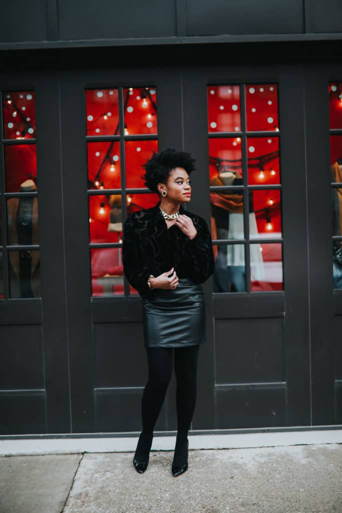 Black faux fur and leather skirt 