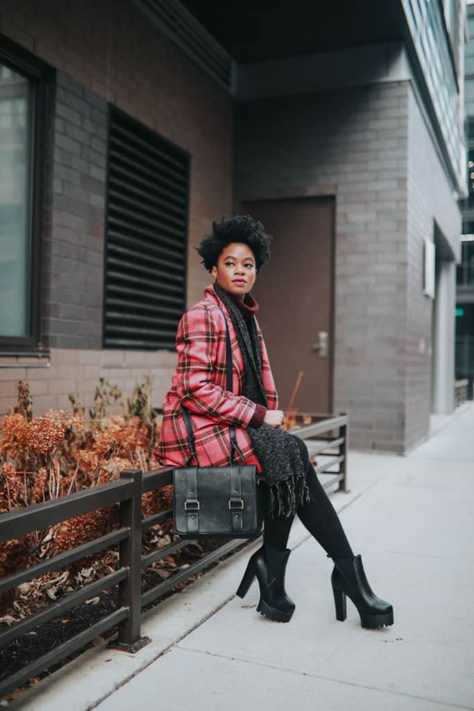 Pink Plaid blazer and black platforms