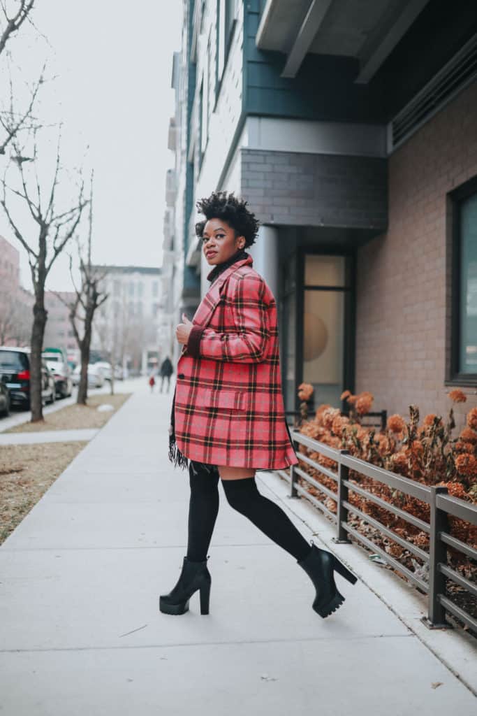 Pink Plaid blazer and black platforms