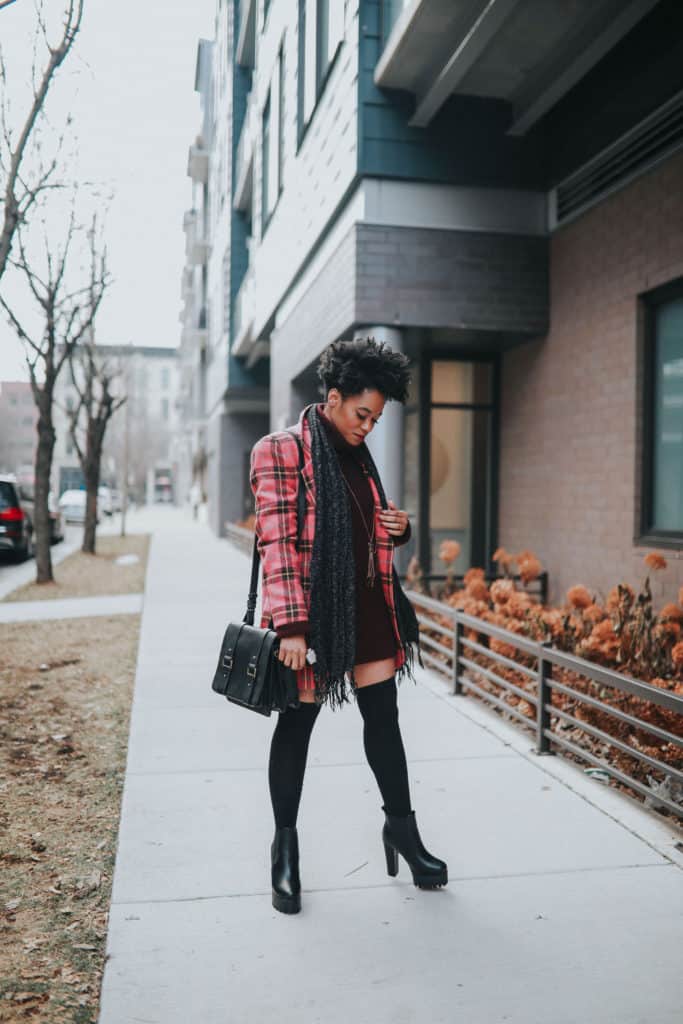 Pink Plaid blazer and black platforms