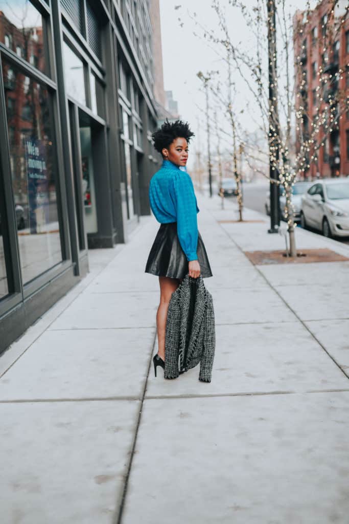 Blue blouse and leather skirt 1