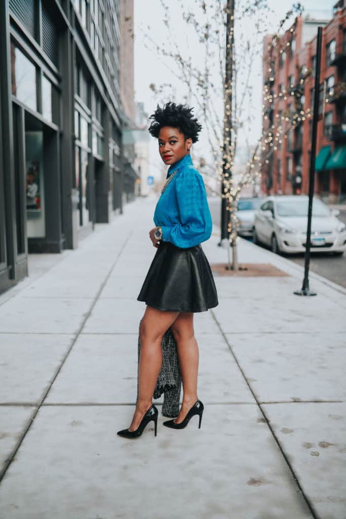 Blue blouse and leather skirt 2