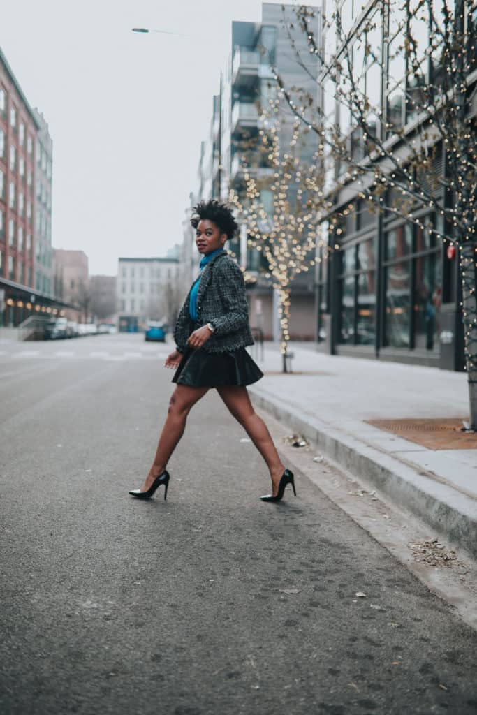 Blue blouse and tweed blazer 10