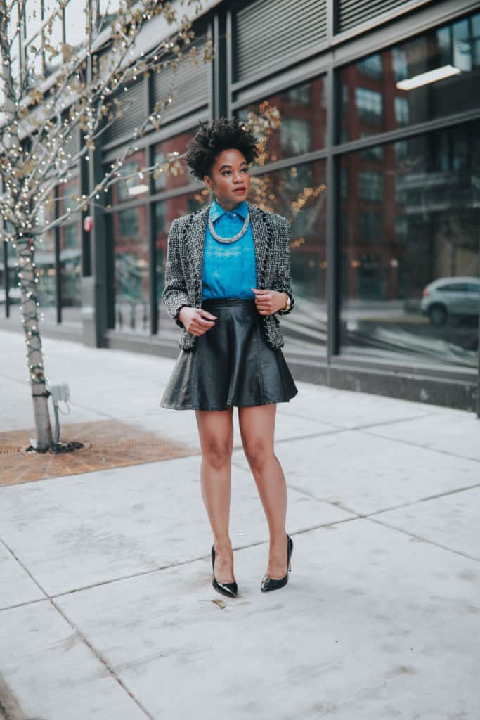 Blue blouse and leather skirt 3