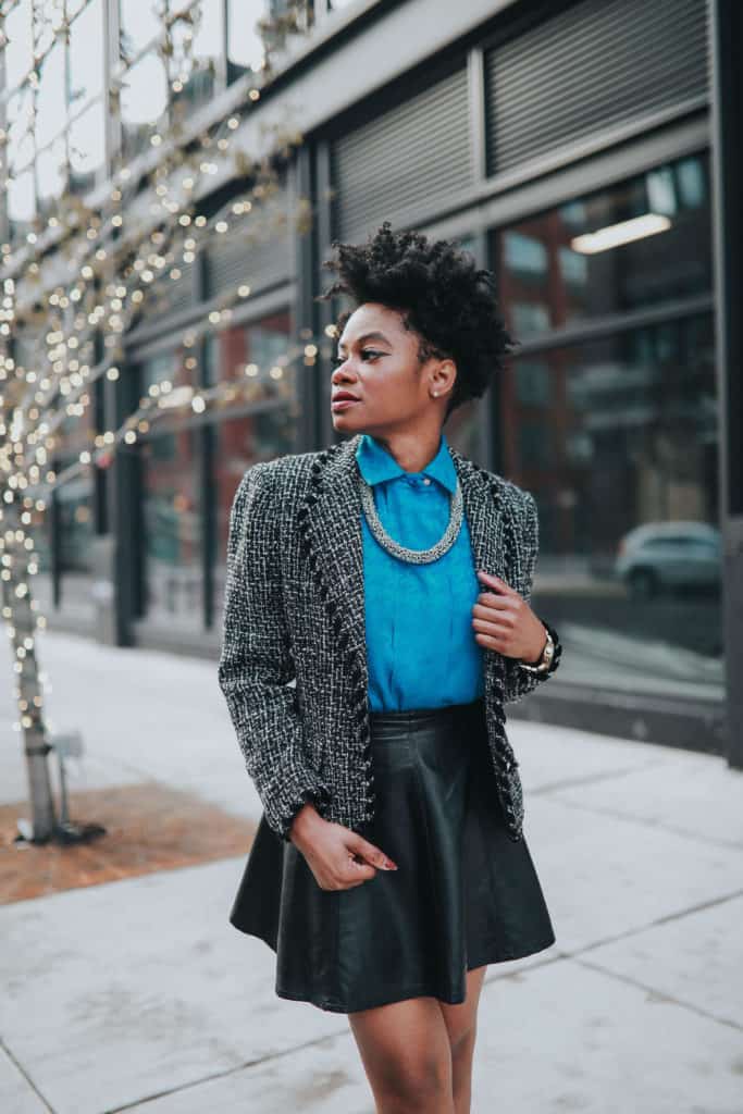 Blue blouse and tweed blazer 8