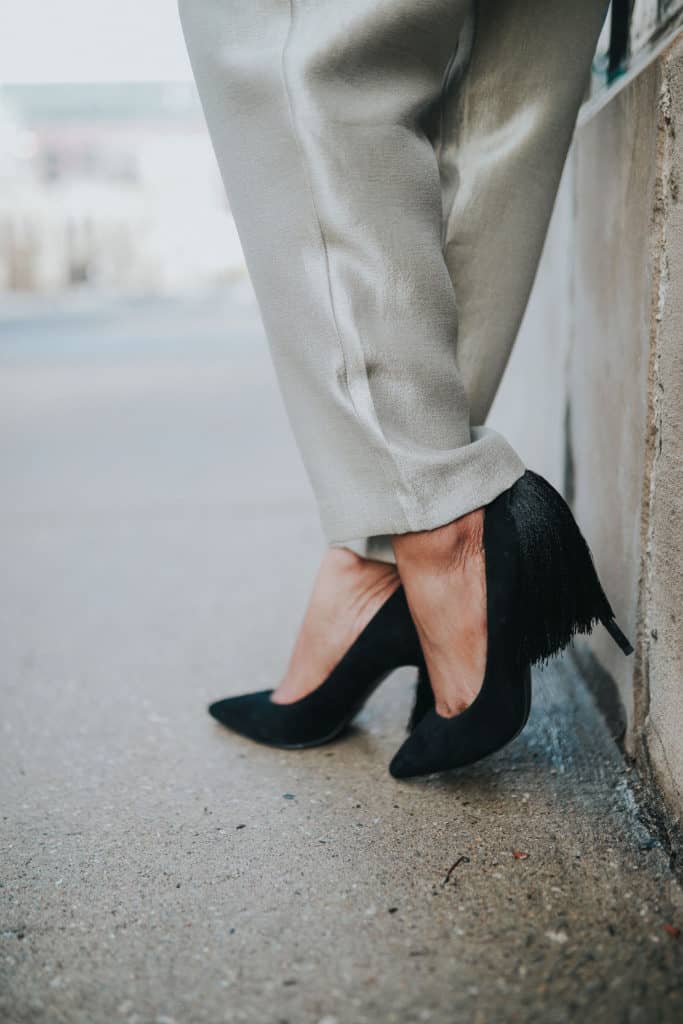 Gold Gap Pants and Akira Tassle Heels