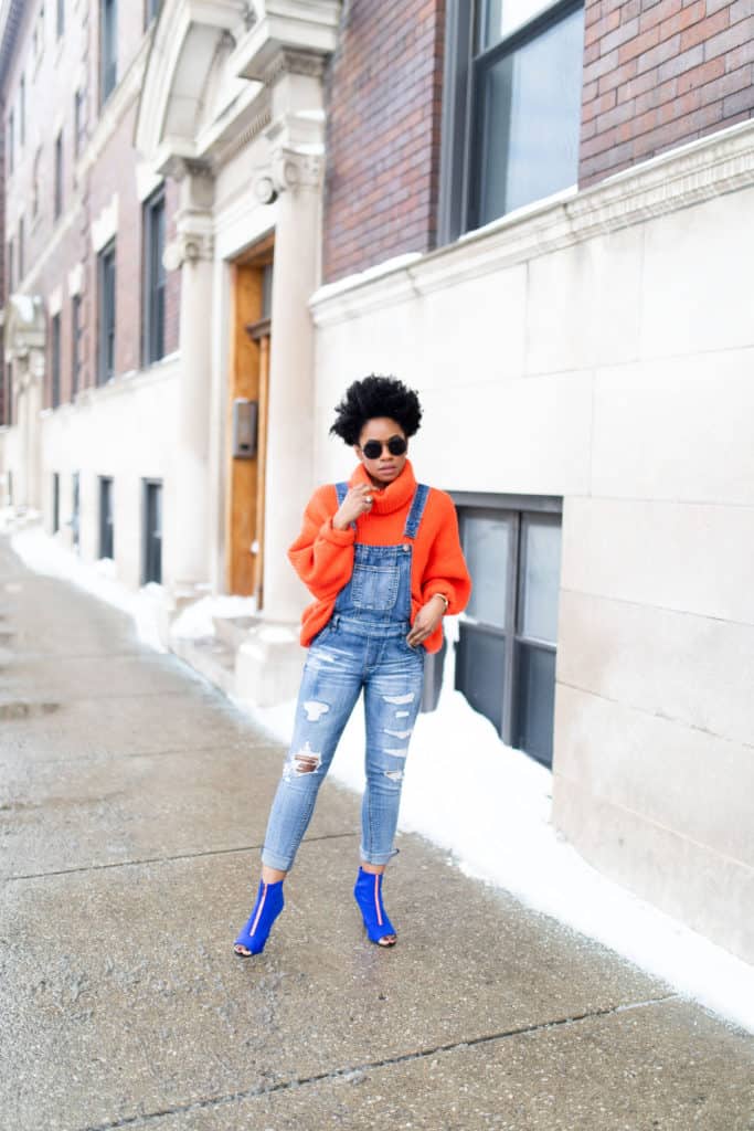 Orange H&M Sweater and Modcloth Overalls 4