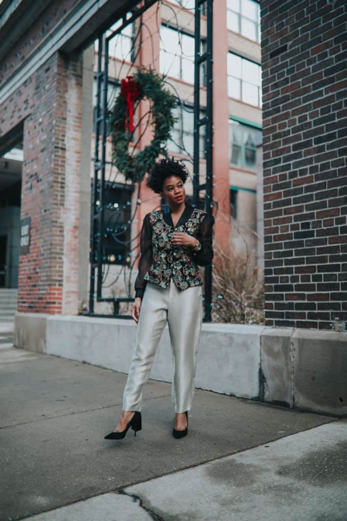 Vintage embroidered top and gold Gap pants 