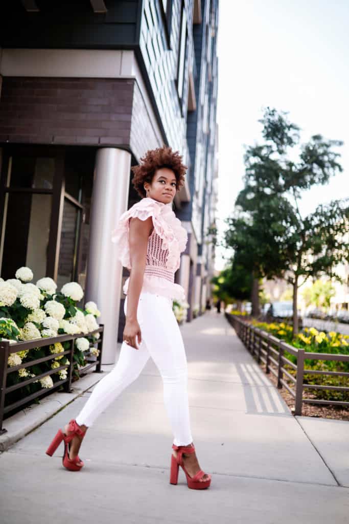 Pink Frill Top and White Denim