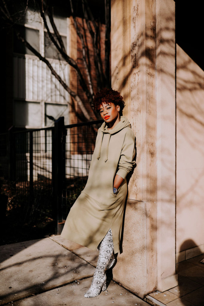 Uniqlo Sweatshirt Dress and Snakeskin Over the Knee Boots